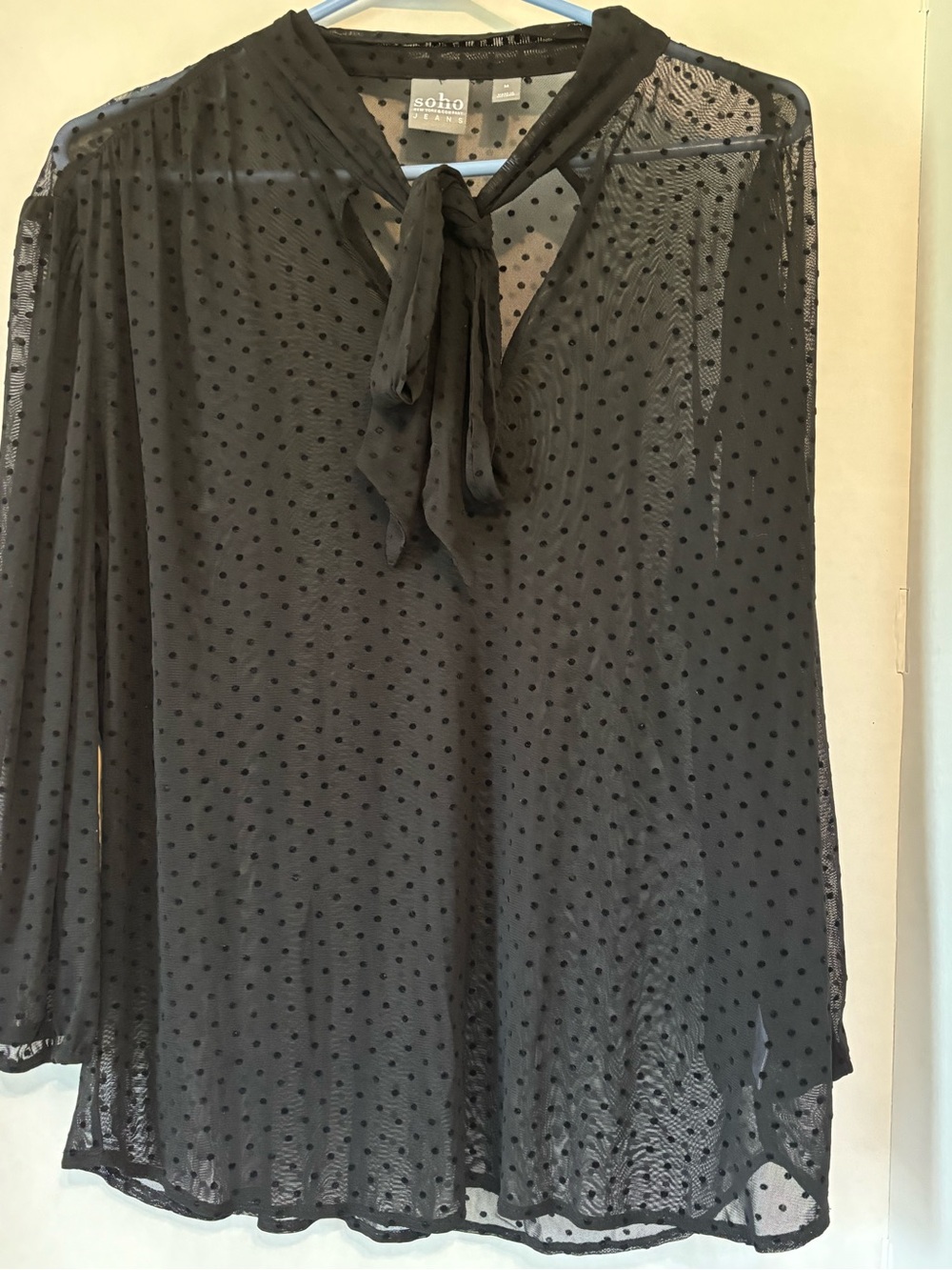 New York & Company Black Sheer Polka Dot Tie-Neck Blouse